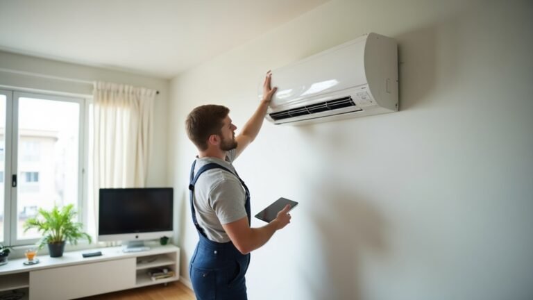 Technician checking a wall-mounted split system air conditioner in a living room