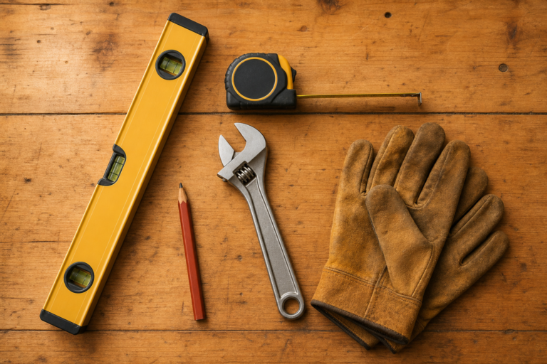 Spirit level, tape measure, shifting spanner, pencil and work gloves on a timber bench
