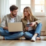Couple budgeting a move to Brisbane surrounded by moving boxes