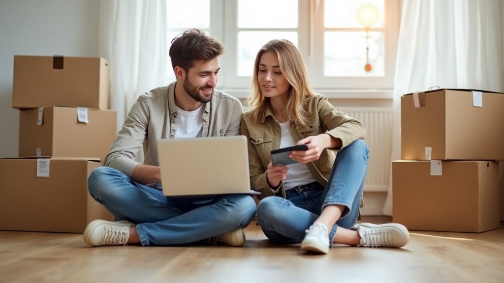 Couple budgeting a move to Brisbane surrounded by moving boxes