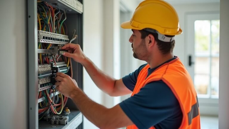 Electrician in a hard hat working on a switchboard