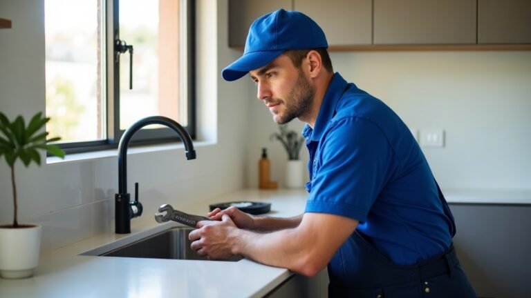 Plumber in a blue cap working at a kitchen sink