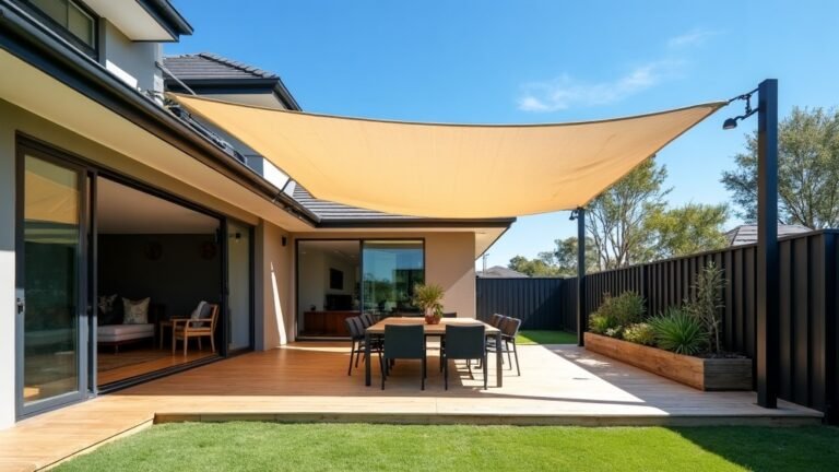 Beige shade sail over a backyard dining area