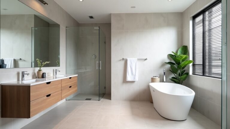 Renovated bathroom with a freestanding bath, timber vanity and walk-in shower