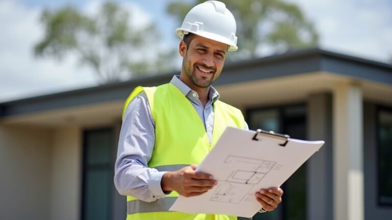 Building certifier in a hard hat and hi-vis vest reading plans outside a new home