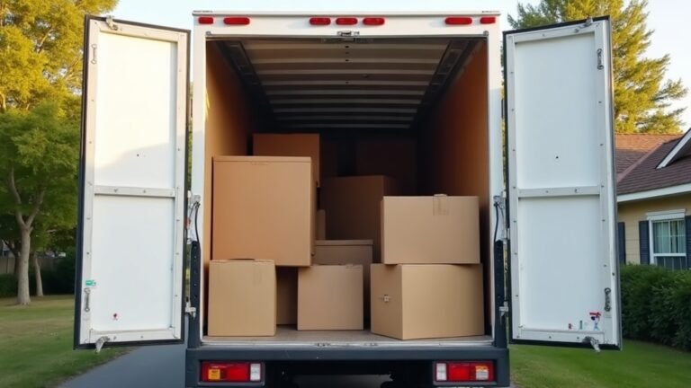 Removal truck with its back doors open and stacked moving boxes inside