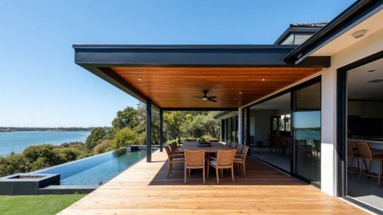 Covered timber patio beside a pool looking out over the water