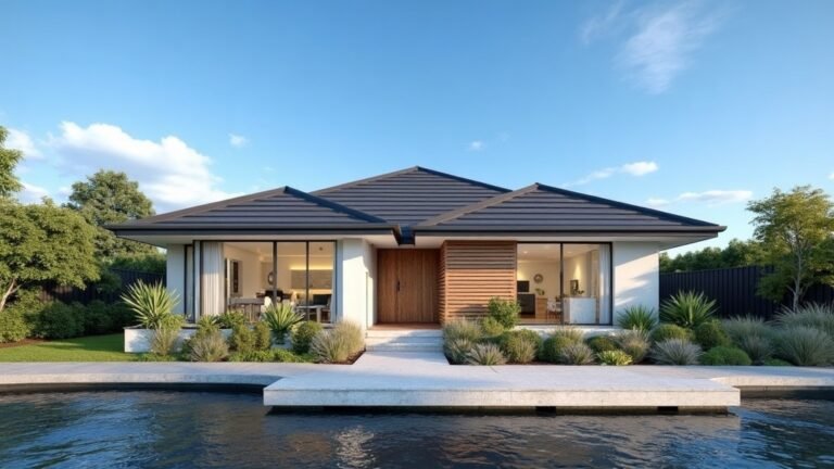 Single storey waterfront home with a dark roof and a jetty