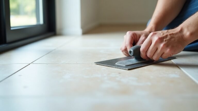 Tiler pressing a large floor tile into place