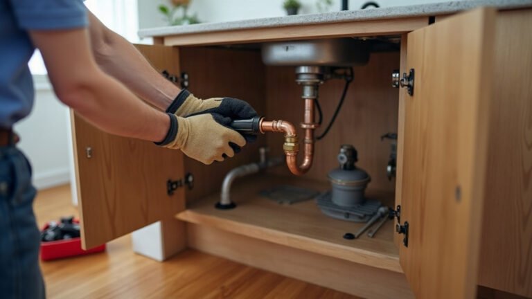 A plumber in work gloves tightening a copper pipe fitting under a kitchen sink in a Moreton Bay home