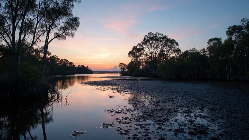 Tidal mangrove creek and mudflats at dusk in bayside south east Queensland, the kind of habitat where biting midges breed