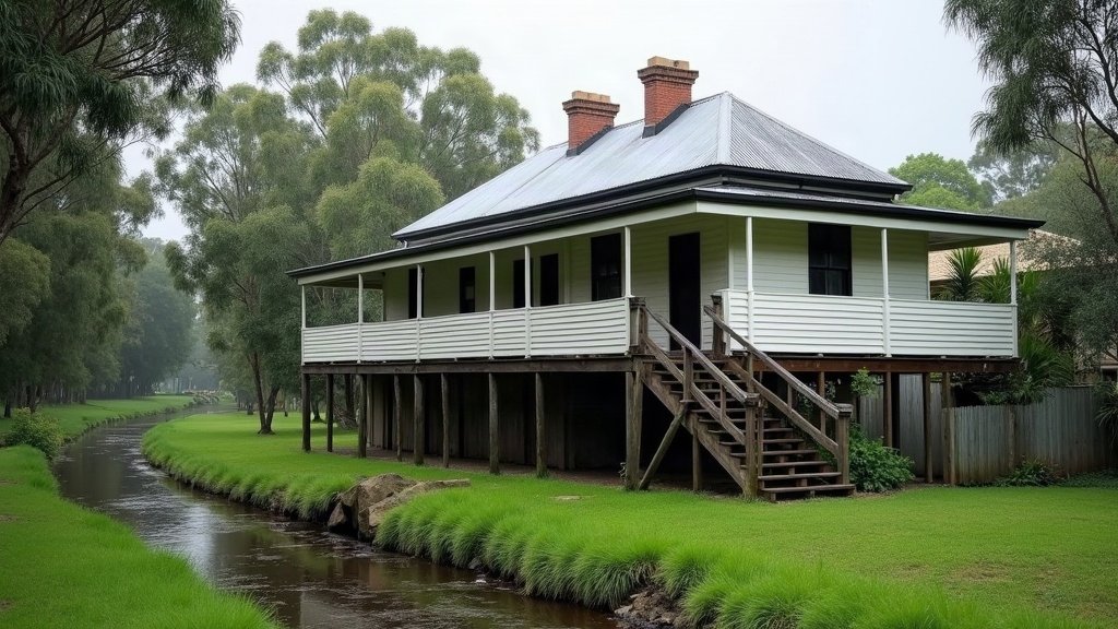A raised white timber Queenslander house on tall stumps beside a small creek, with gum trees and a grassy yard after rain