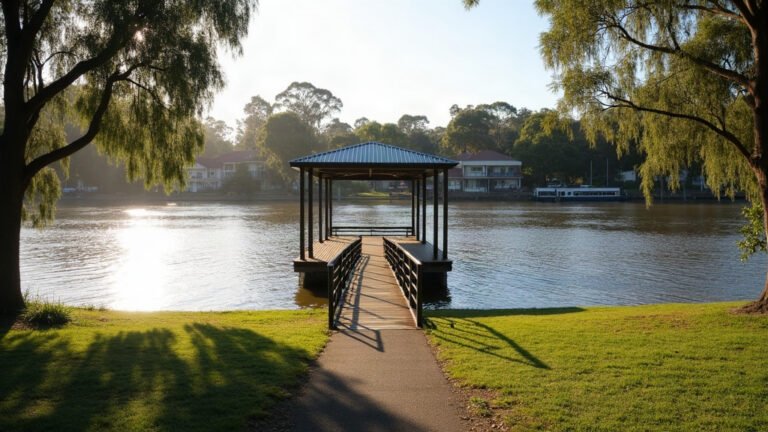 A covered walkway leading down to a riverside ferry pontoon on a calm brown river, with gum trees and houses on the far bank