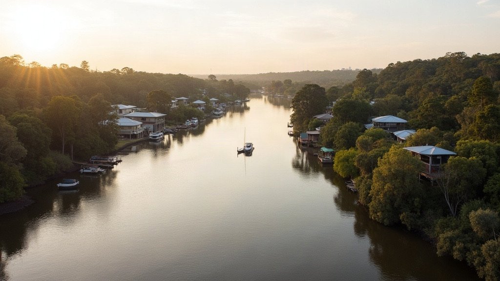 A wide brown river edged with mangroves and leafy riverside homes at sunrise