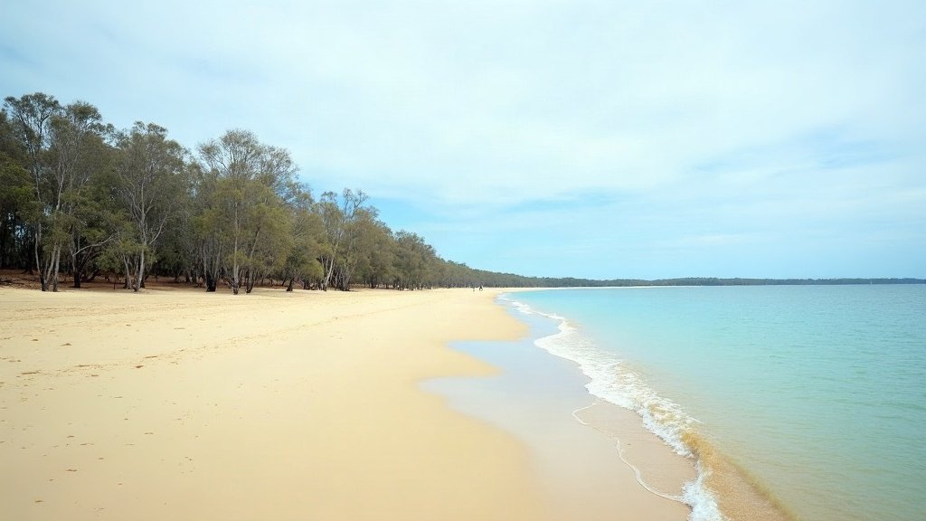 Quiet sandy beach with calm, clear bay water and a line of eucalypt and she-oak trees on an island in southern Moreton Bay