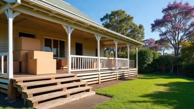 Moving boxes stacked on the timber verandah of a Queenslander house with gum trees and a flowering jacaranda behind