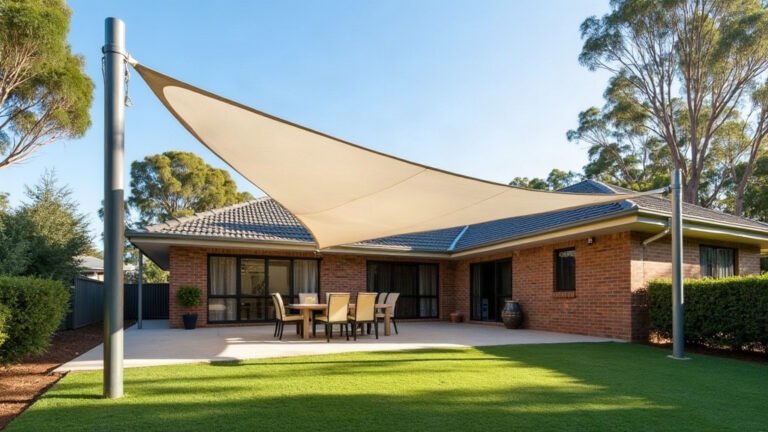 A cream shade sail on steel posts over the back patio of a brick house, with lawn and eucalyptus trees