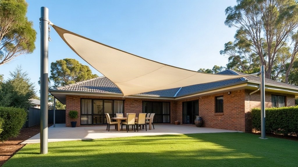 A cream shade sail on steel posts over the back patio of a brick house, with lawn and eucalyptus trees