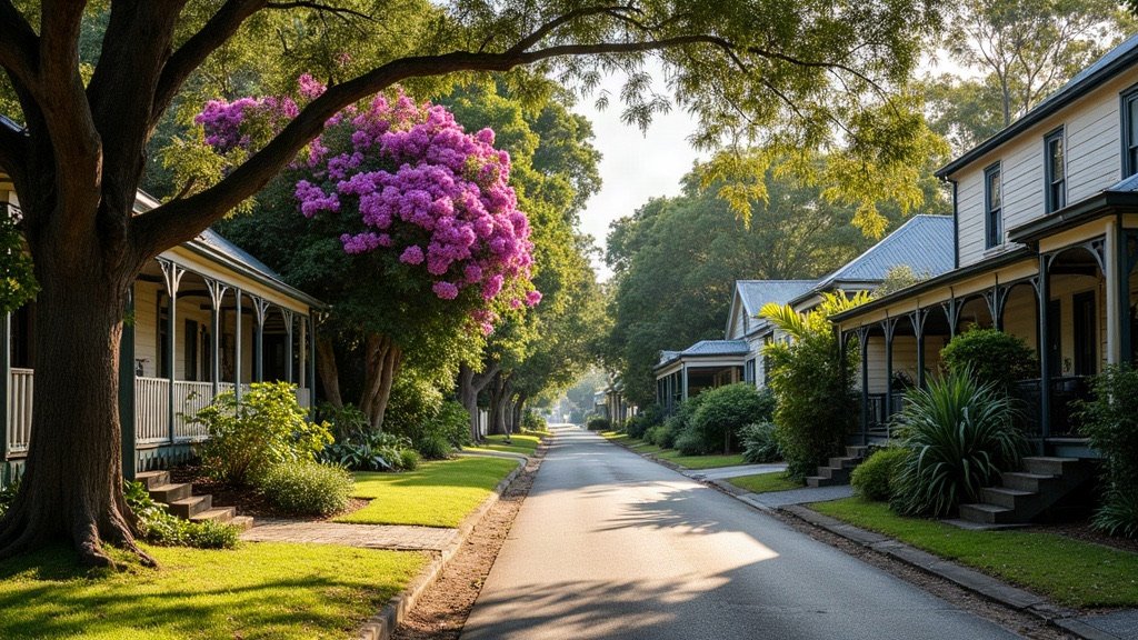 A leafy Brisbane street of timber houses with front verandahs under a flowering tree