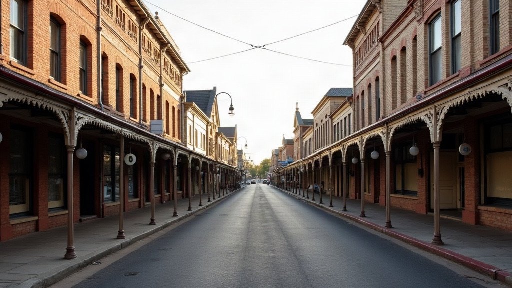 A quiet heritage main street of old brick buildings with iron lace verandahs over the footpath