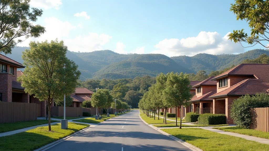 A new residential street of brick homes with young trees and green bushland hills behind