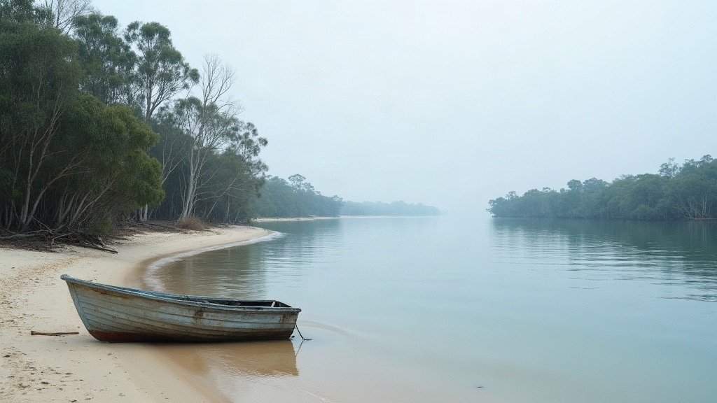 A small timber boat on a sandy estuary shore lined with eucalypts and mangroves on a misty morning