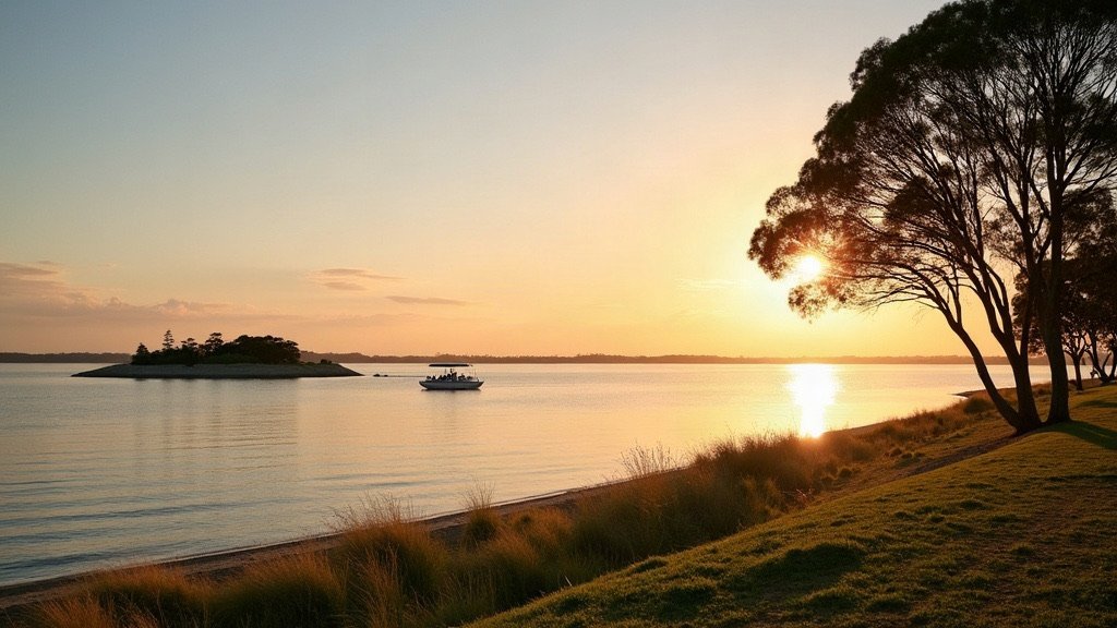 Calm bay water at sunrise seen from a grassy foreshore with a small island and a moored boat